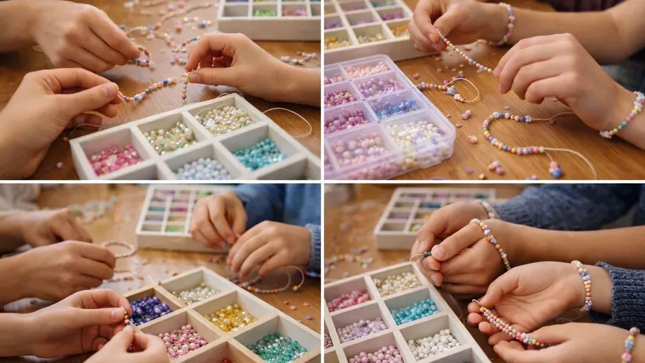 Hands making beaded bracelets on table.