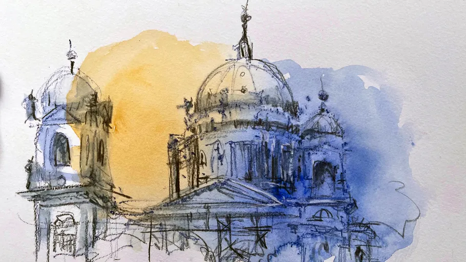 Architectural sketch with colorful background wash.