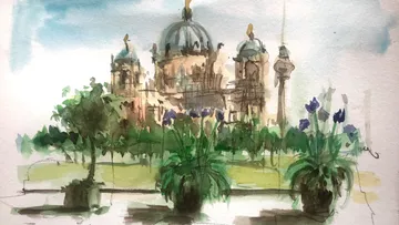 Aquarellmalerei von Kathedrale mit Topfpflanzen.