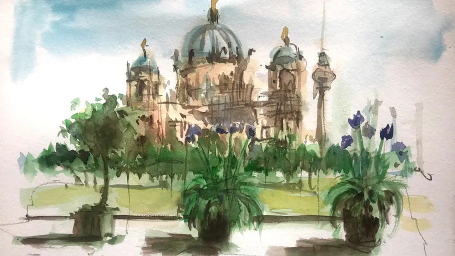 Watercolor painting of cathedral with potted plants.