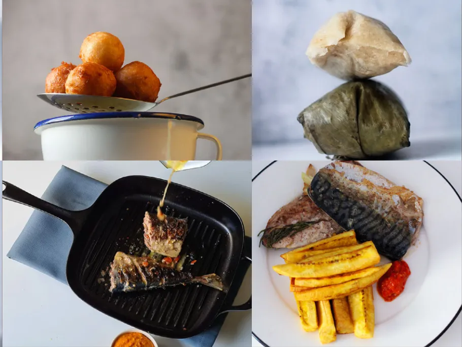 Vier Bilder von afrikanischen Gerichten, darunter gebratene Teigbällchen, verpackte Lebensmittelpakete, gegrillter Fisch in einer Pfanne und gebratener Fisch mit Kochbananen.