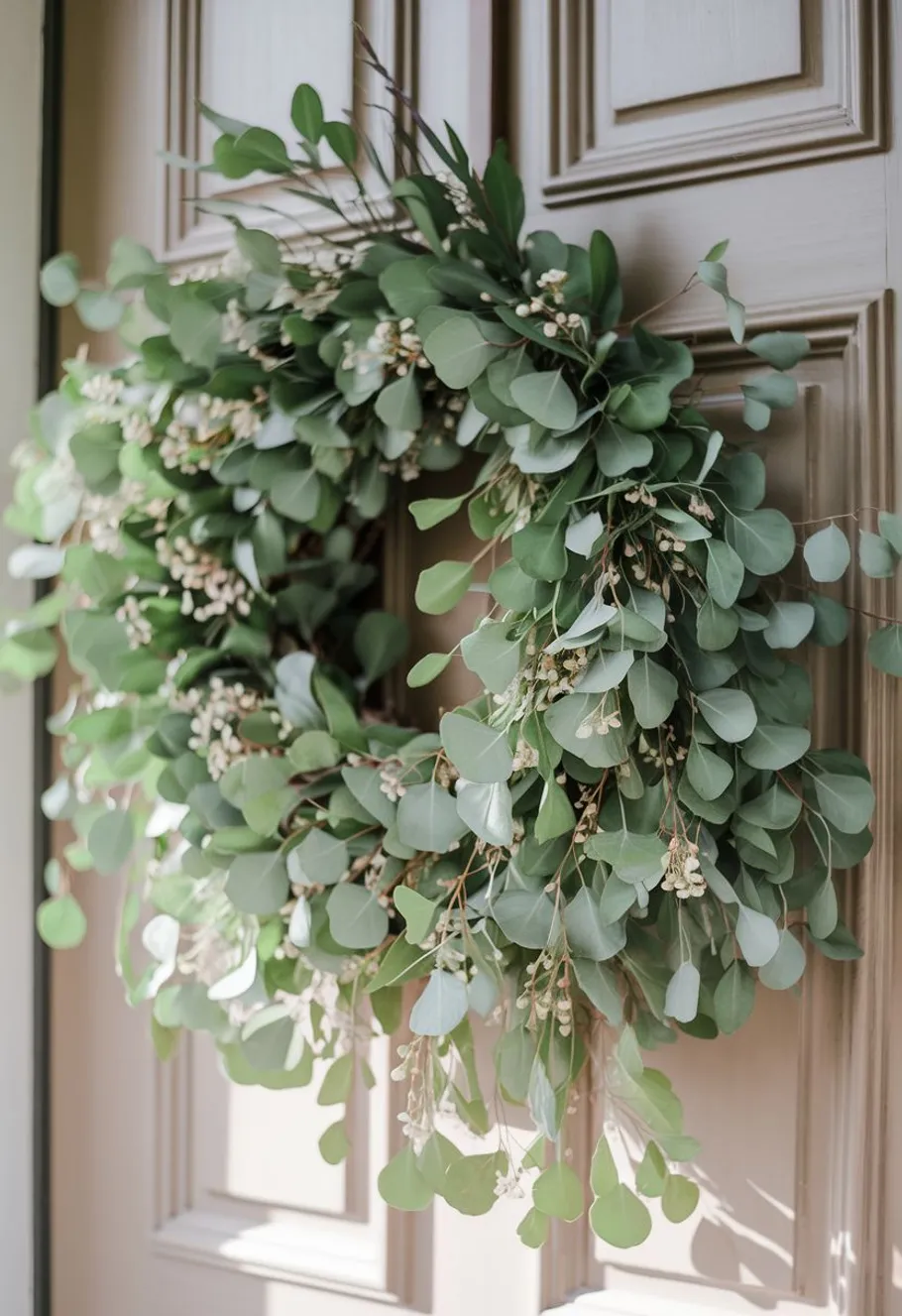 Green wreath hanging on a wooden door.