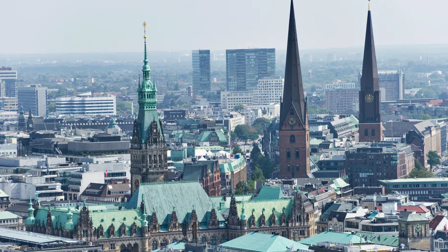 Aerial view of Hamburg skyline with church towers.
