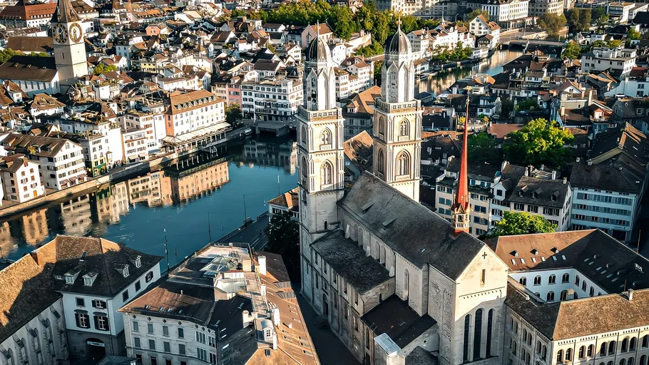 Aerial view of historic Zurich church.