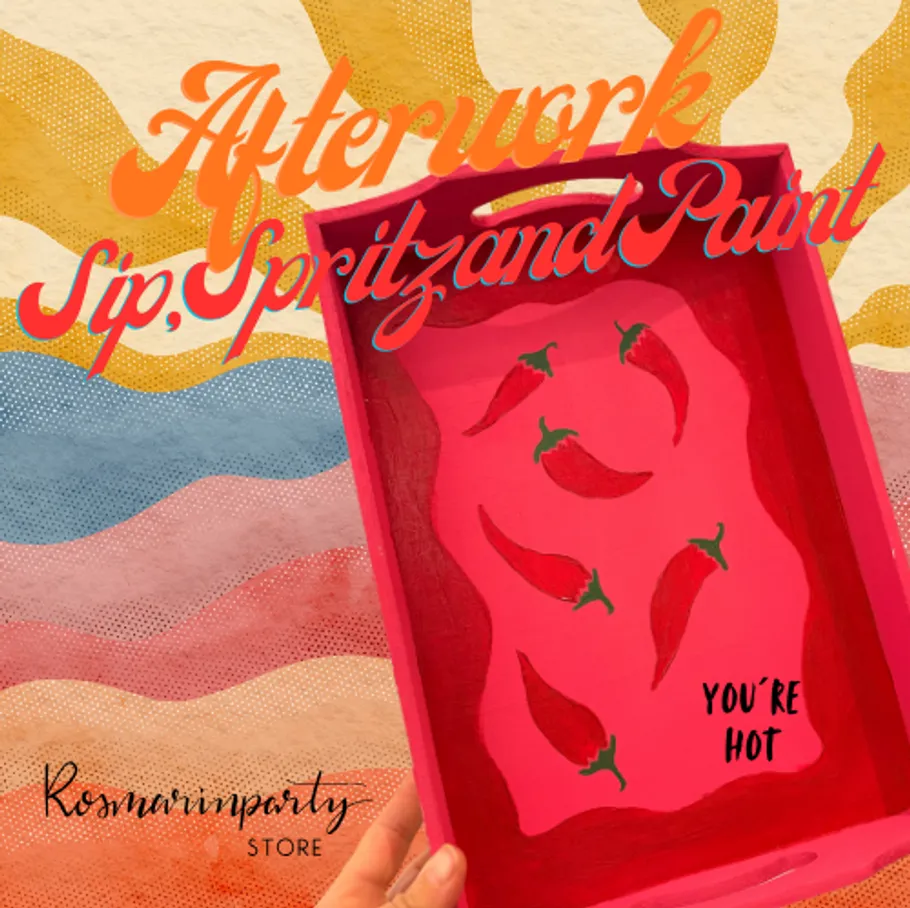 Colorful tray with painted chili peppers.