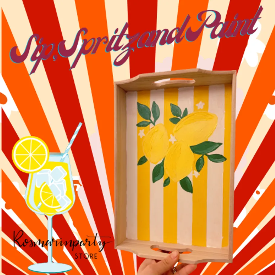 Lemon painting on tray, striped background.