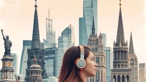 Woman wearing headphones in city skyline collage.