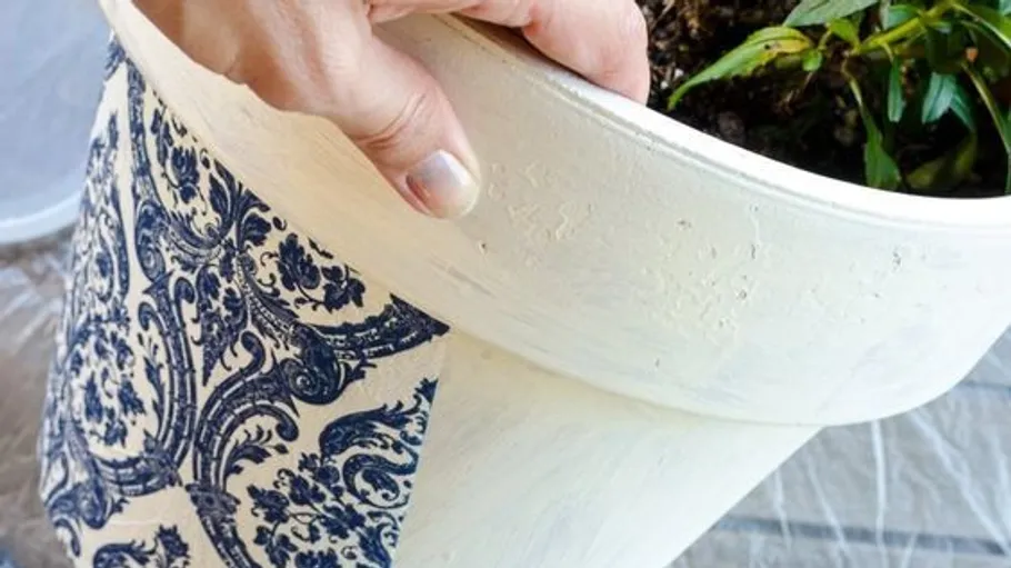 Hand holding painted pot with plants inside.