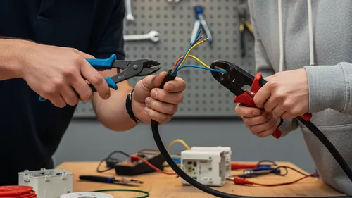 Two people using pliers on electrical wires.