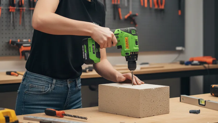 Person bohrt Block in Werkstatt.