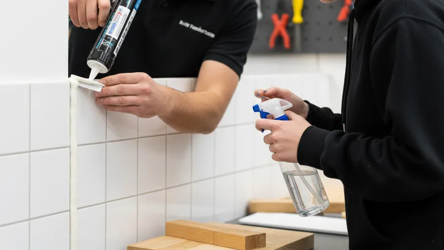 Person applying sealant on tiled wall.