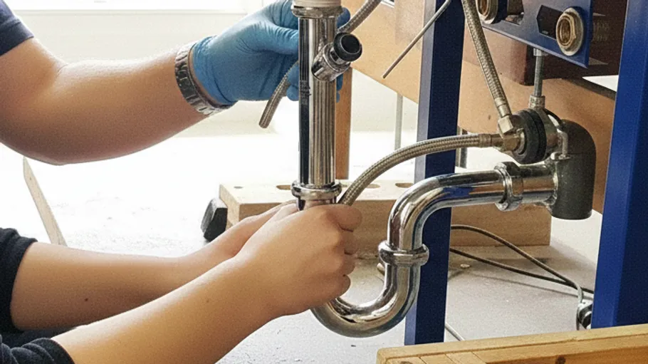 Two hands assembling metal pipes indoors.