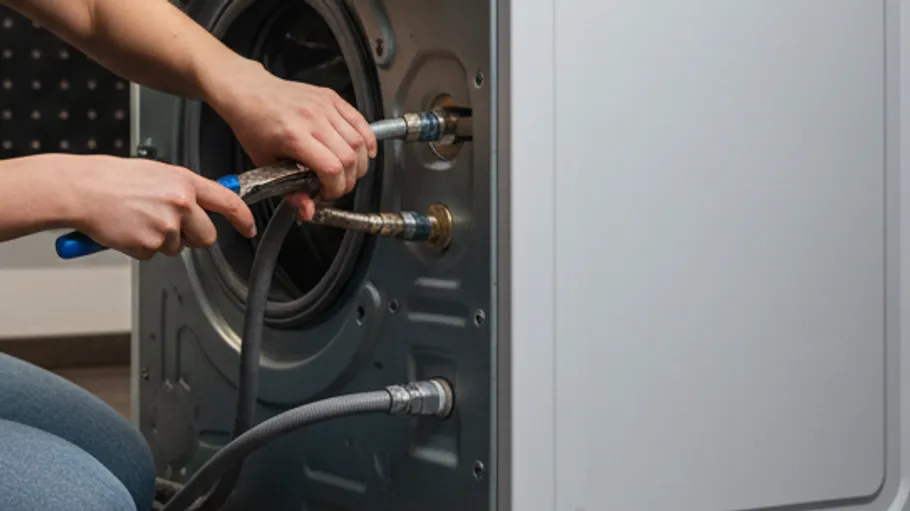 Person fixing washing machine hoses indoors.