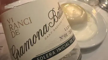 Wine bottle with dish in background.
