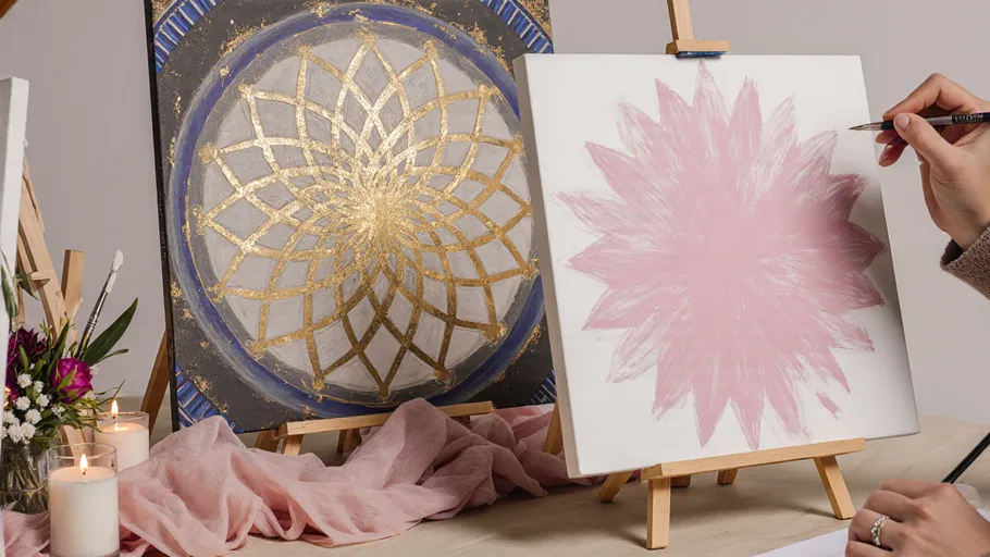 Person painting flower next to mandala artwork.