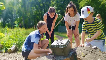 Children examining box on tree stump outdoors.