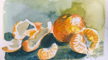 Orange und Scheiben auf Papier gemalt.
