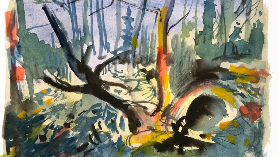 Abstract watercolor of trees and fallen log.