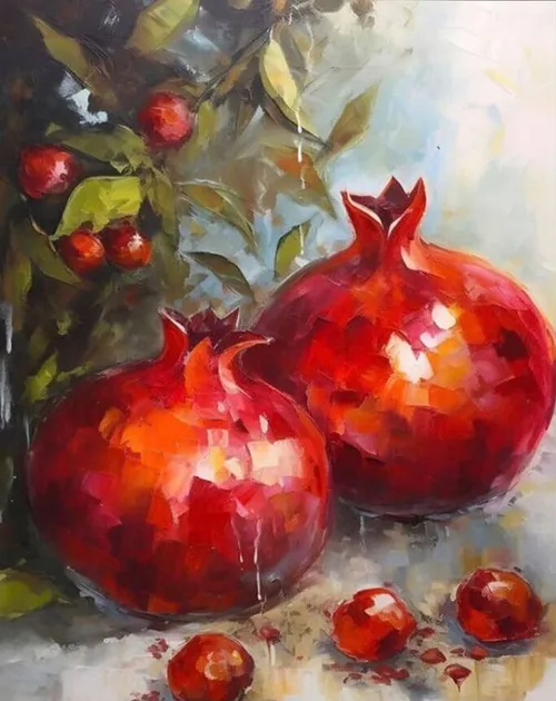 Two pomegranates with leaves, colorful background.