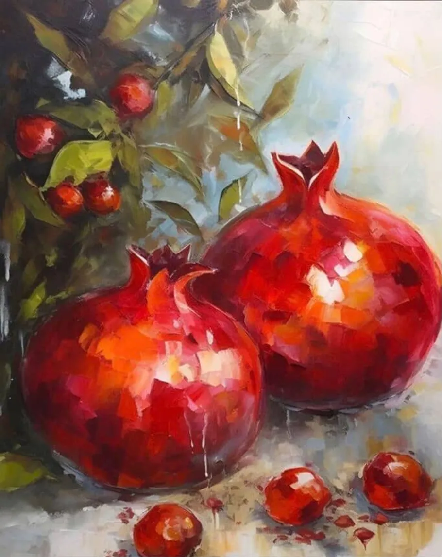 Two pomegranates with leaves, colorful background.