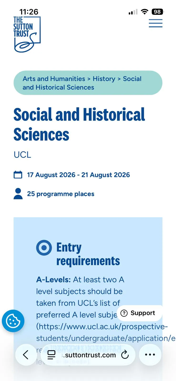 Handybildschirm zeigt Uni-Programmdetails.