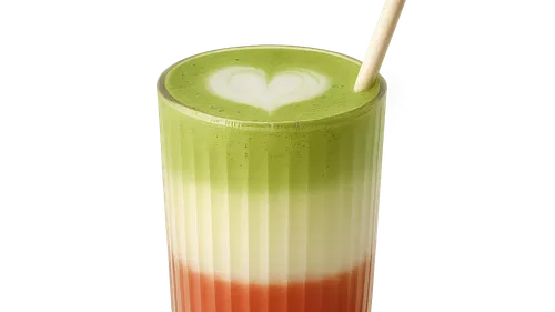 Layered drink with heart design, straw inserted.