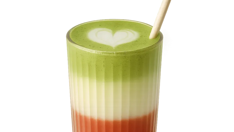 Layered drink with heart design, straw inserted.