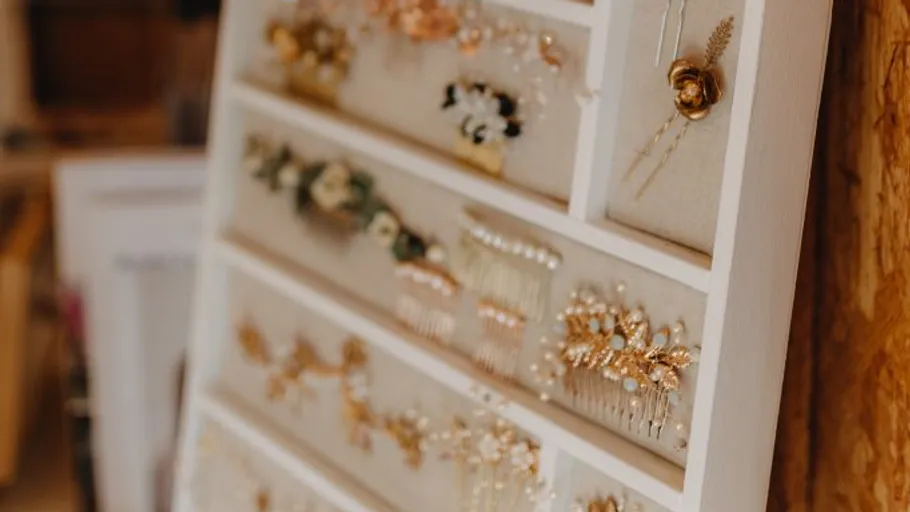 Jewelry display with various decorative hair accessories.