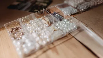 Assorted beads organized in a plastic box.