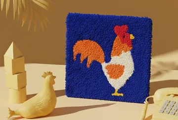 Textile artwork of rooster in colorful setting.