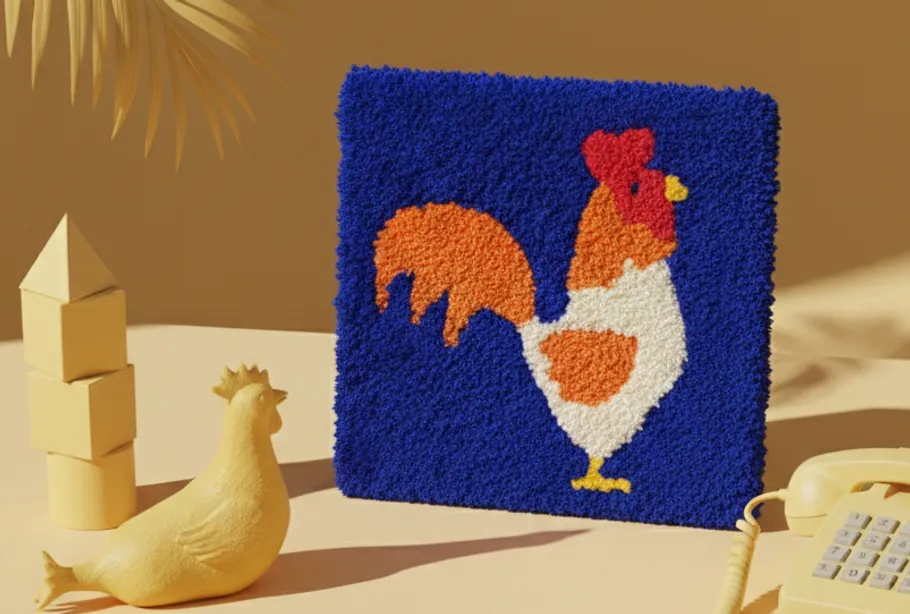 Textile artwork of rooster in colorful setting.