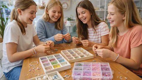 Four girls making bead bracelets, smiling indoors.