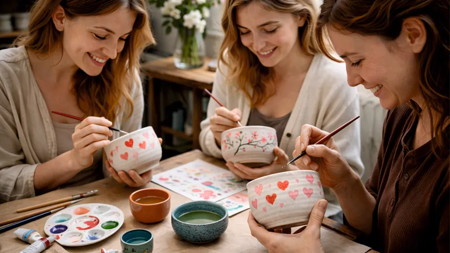 Women painting pottery in a cozy room.