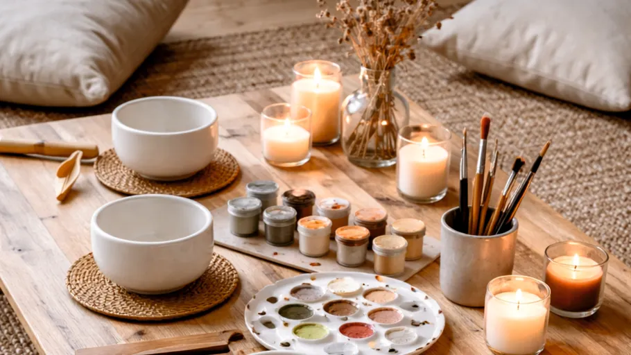 Art supplies and candles on wooden table.