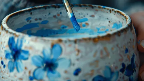 Hand bemalt Keramik mit blauem Blumenmuster.