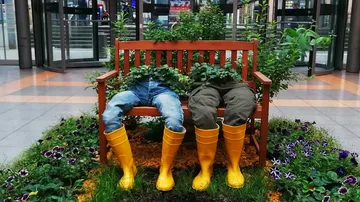 Pflanzen in Hosen und Stiefeln auf Bank.