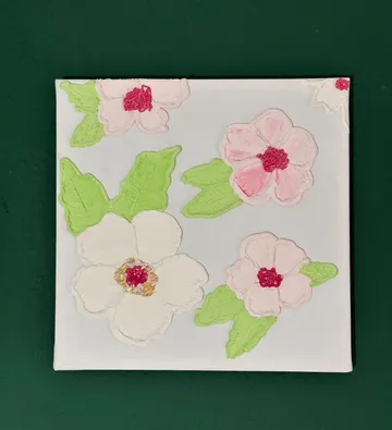 Textured floral painting on green background.