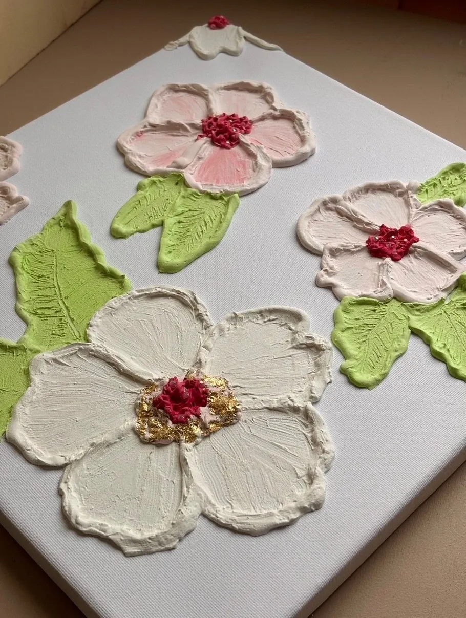 3D flower art on white canvas background.