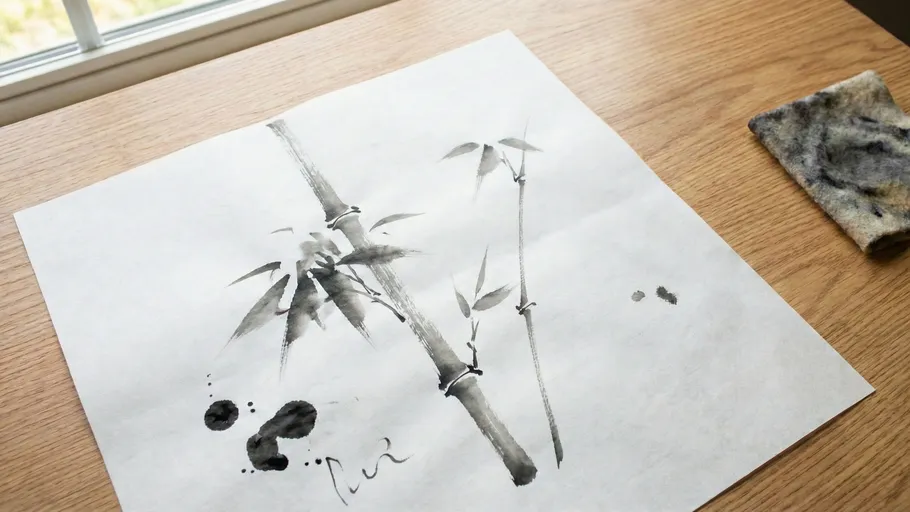 Ink painting of bamboo on wooden desk.