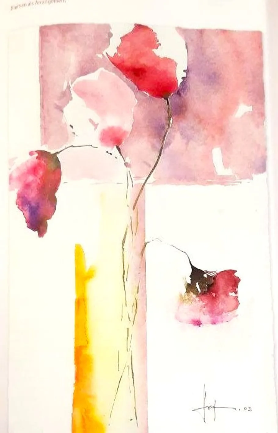 Abstrakte Aquarellblumen mit lila Hintergrund.