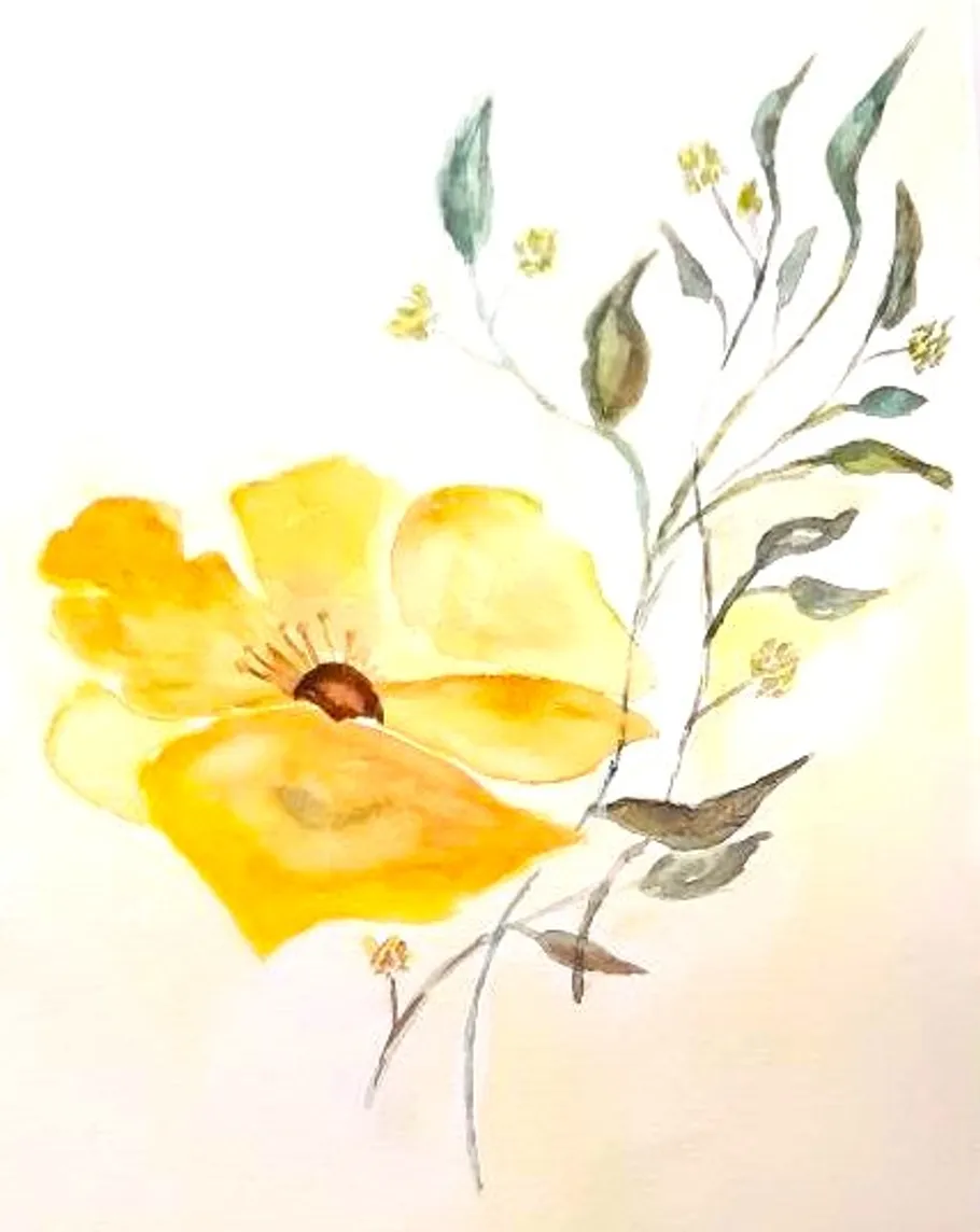 Yellow flower and leaves painted on white background.