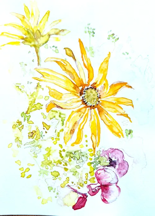 Yellow flower watercolor painting, green background.