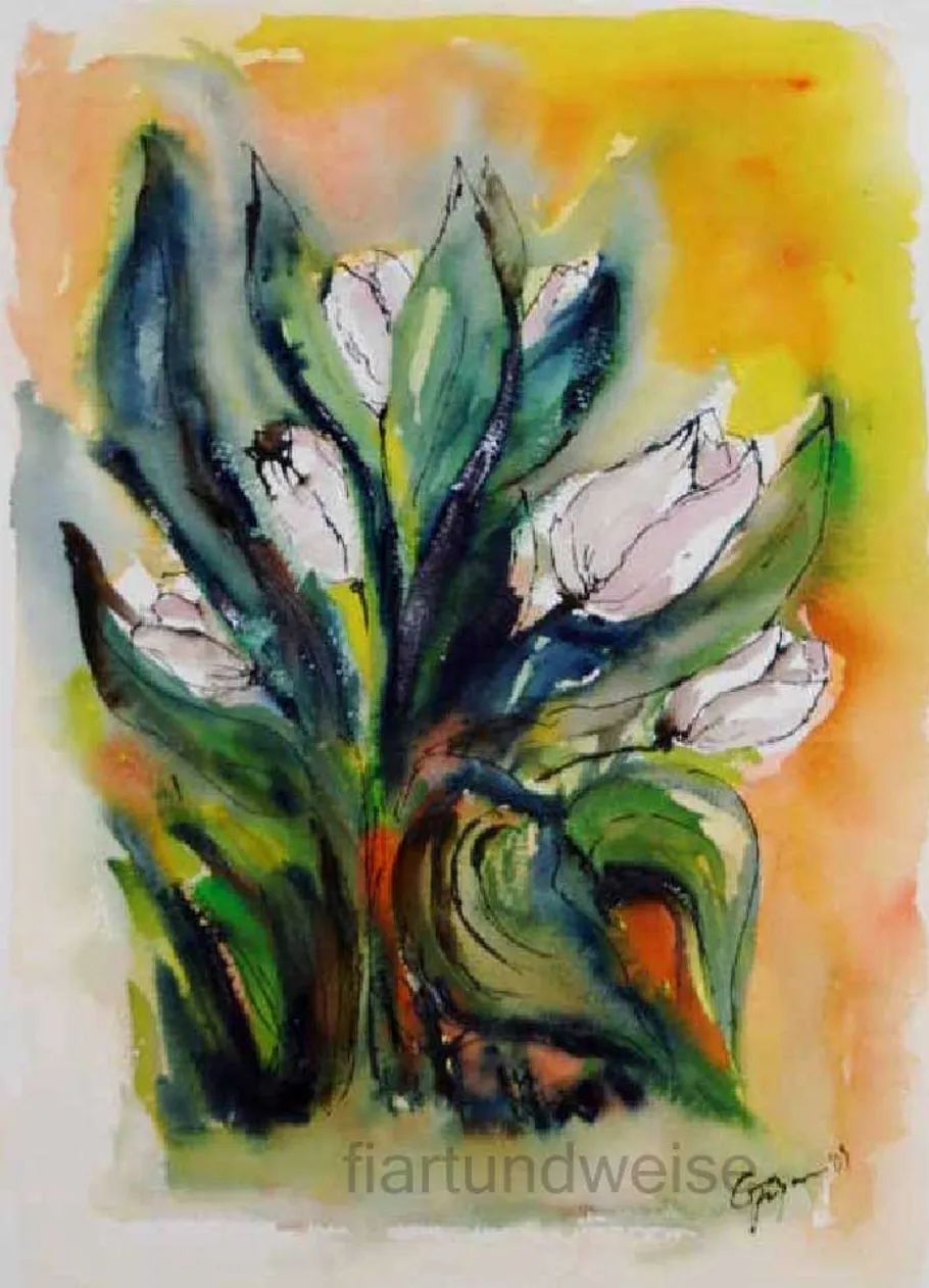 Abstrakte Blumen und Blätter auf buntem Hintergrund.