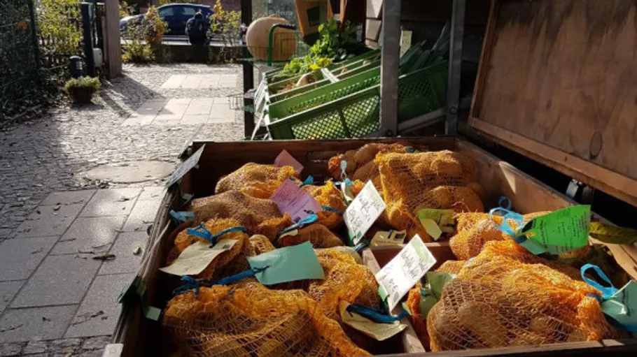 Kartoffelsäcke in einer Kiste draußen.