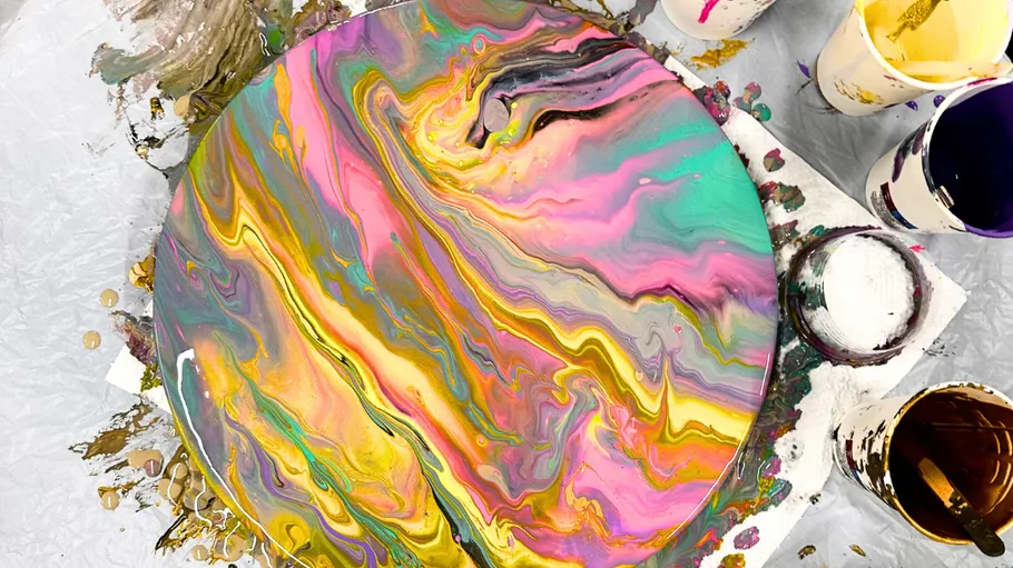 Colorful abstract art on a round canvas.
