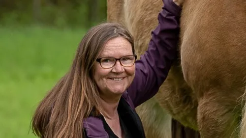 Woman smiling, touching horse in green field.