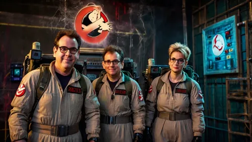 Three people in costumes stand smiling inside.