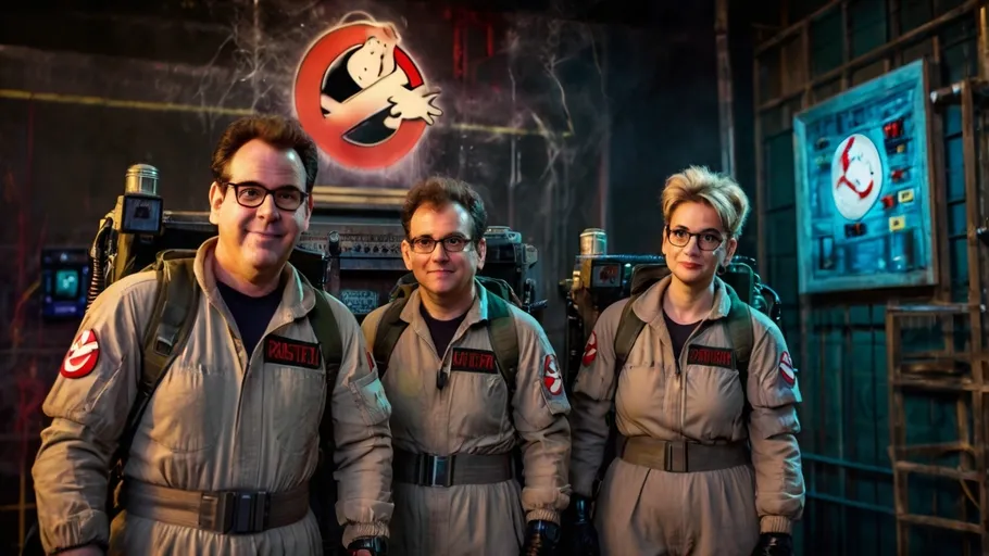 Three people in costumes stand smiling inside.