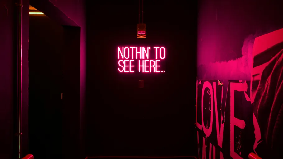 Neonschild sagt 'Nothin' to see here'.