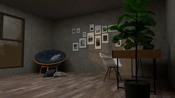 Modern room with chair, plant, and photos.